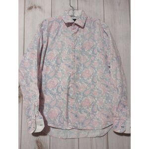 Report Collection Shirt Men's Large Slim Fit Pink Blue Button Front Short Sleeve